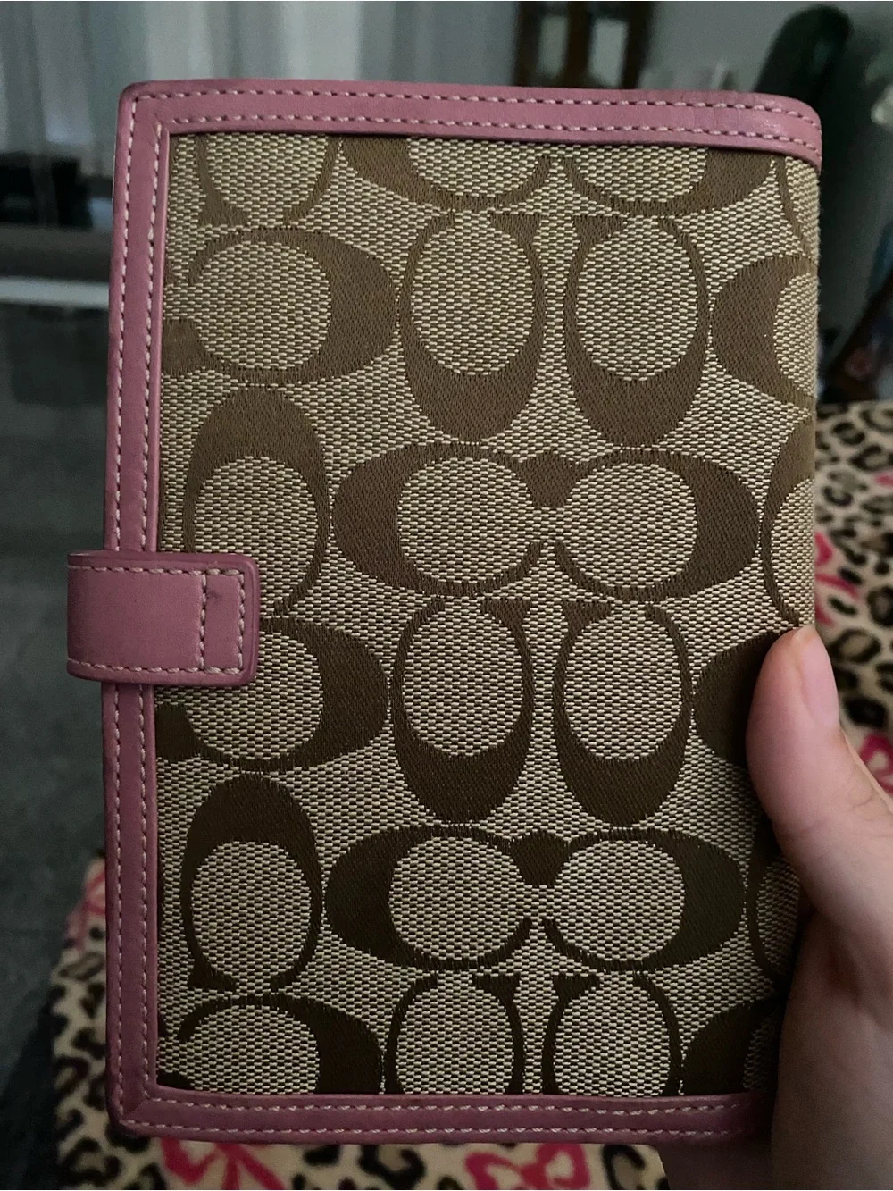 Coach Beige Signature Card Holder with Pink Trim and Charm Dangle